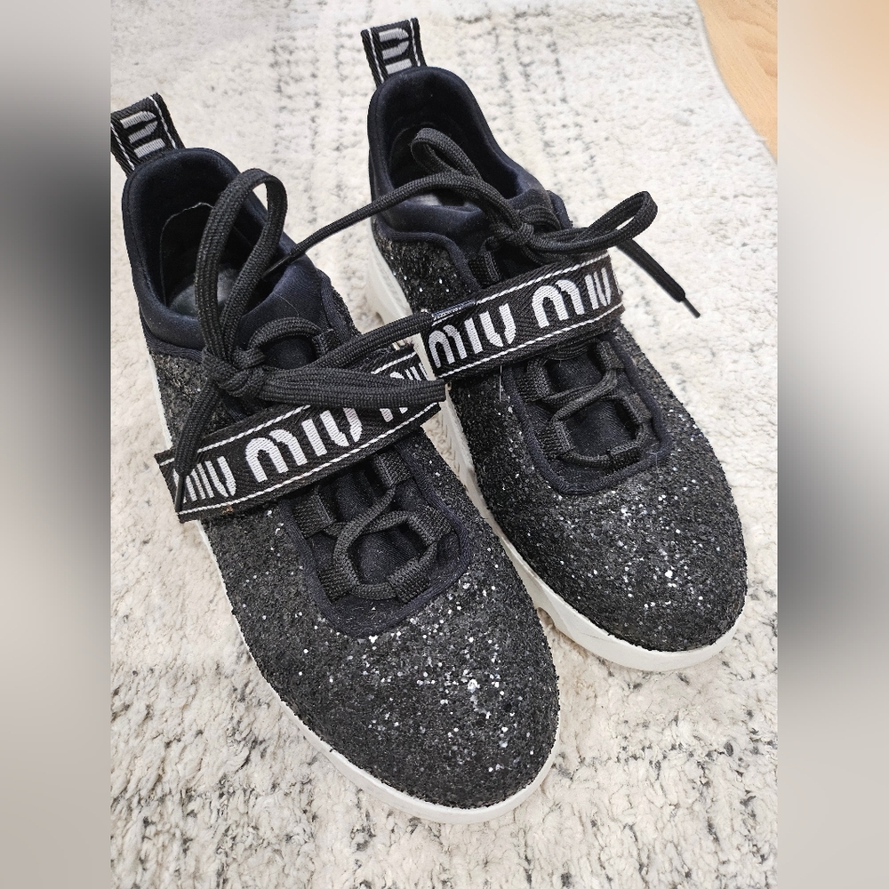MIU Women's Black & White Glitter Sneakers Lace Up Size 37